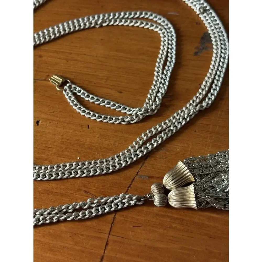Vintage Style Chain Belt Tassel Waist Belt Silver Tone Boho Festival Statement
